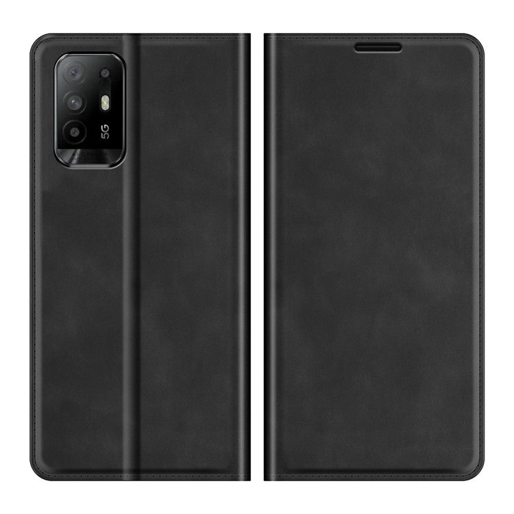 Skin-touch Leather Cover Auto-Absorbed Protective Case with Wallet Stand for Oppo A94 5G - Black