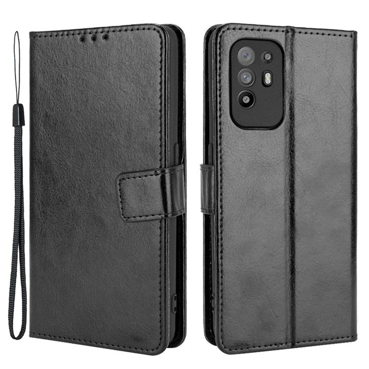 Wallet Stand Design Crazy Horse Skin Leather Shell with Strap for Oppo A94 5G/Reno5 Z/F19 Pro+ 5G - Black