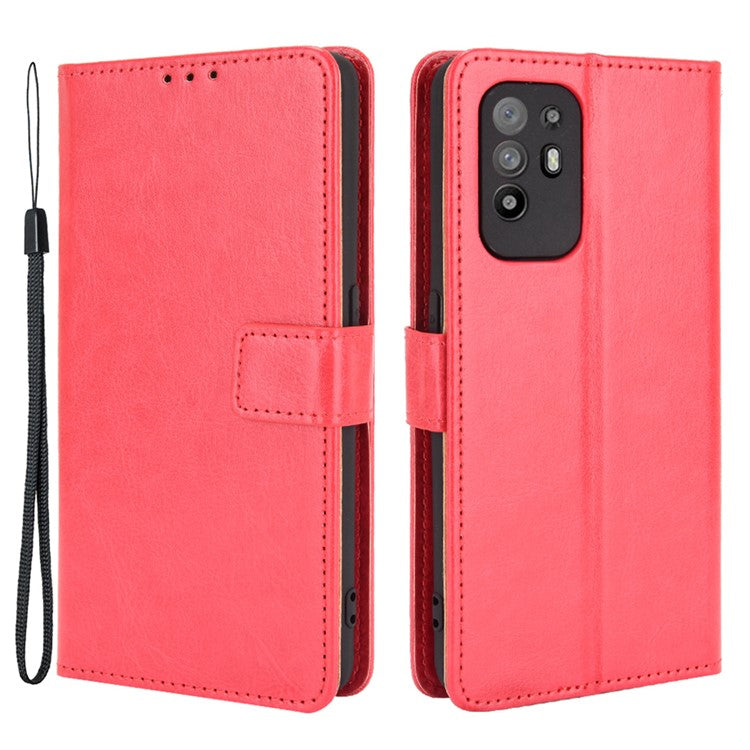 Wallet Stand Design Crazy Horse Skin Leather Shell with Strap for Oppo A94 5G/Reno5 Z/F19 Pro+ 5G - Red