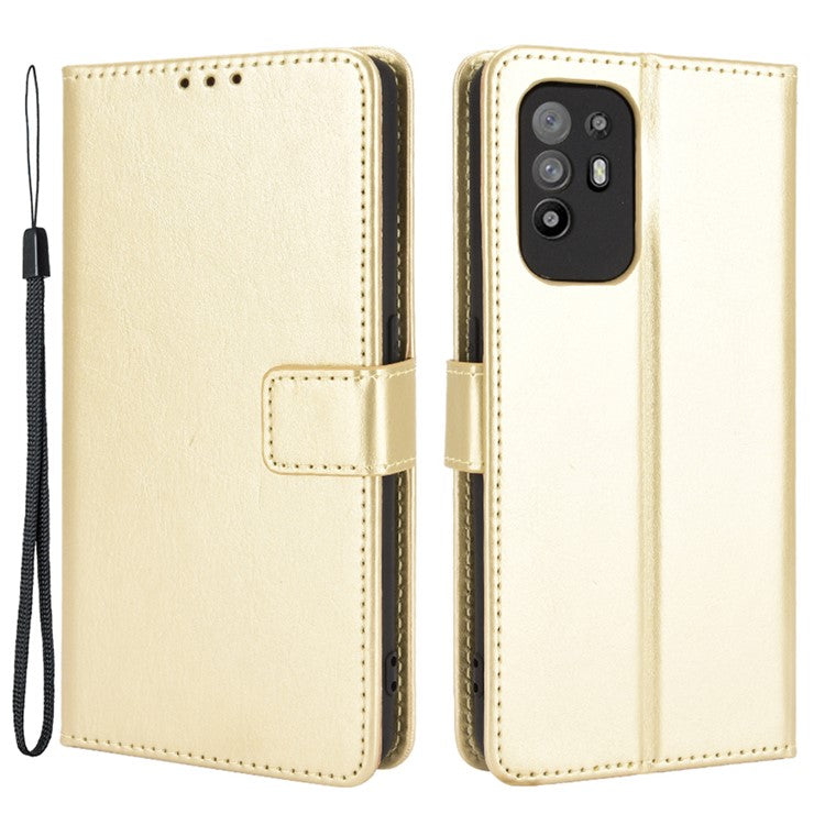 Wallet Stand Design Crazy Horse Skin Leather Shell with Strap for Oppo A94 5G/Reno5 Z/F19 Pro+ 5G - Gold