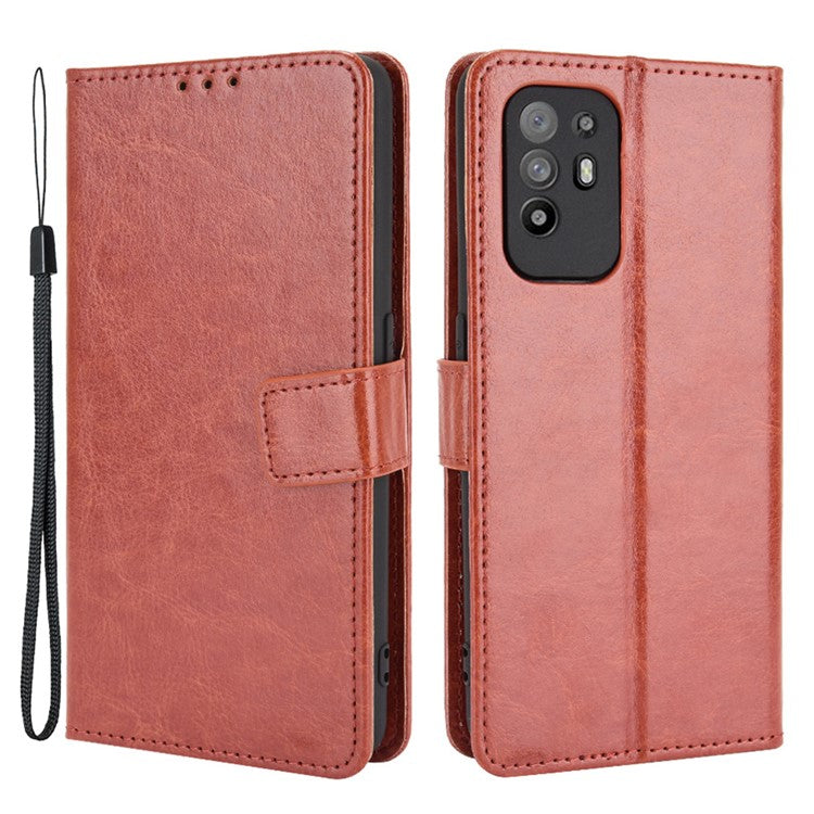 Wallet Stand Design Crazy Horse Skin Leather Shell with Strap for Oppo A94 5G/Reno5 Z/F19 Pro+ 5G - Brown