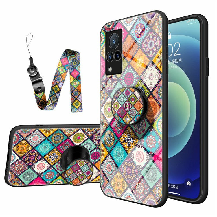 Hybrid Phone Case Colorful Printing Glass + PC + TPU Cover Shell with Kickstand Strap for vivo V21 5G - Checkered Pattern