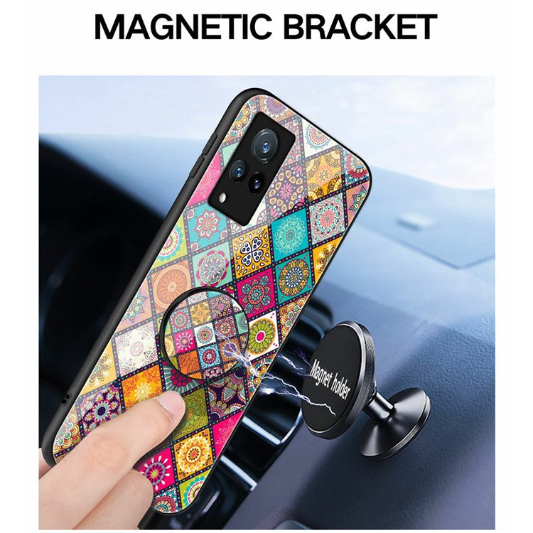 Hybrid Phone Case Colorful Printing Glass + PC + TPU Cover Shell with Kickstand Strap for vivo V21 5G - Checkered Pattern