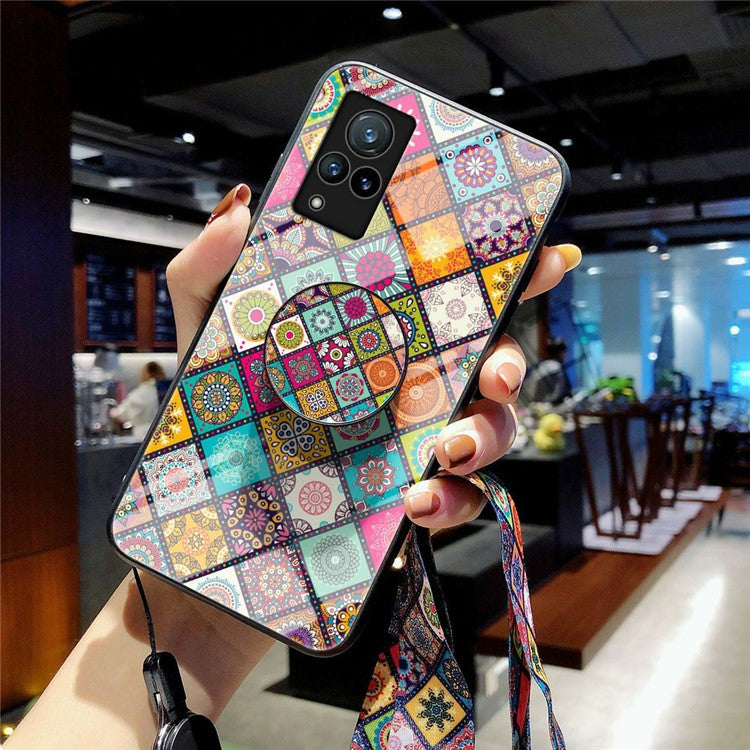 Hybrid Phone Case Colorful Printing Glass + PC + TPU Cover Shell with Kickstand Strap for vivo V21 5G - Checkered Pattern