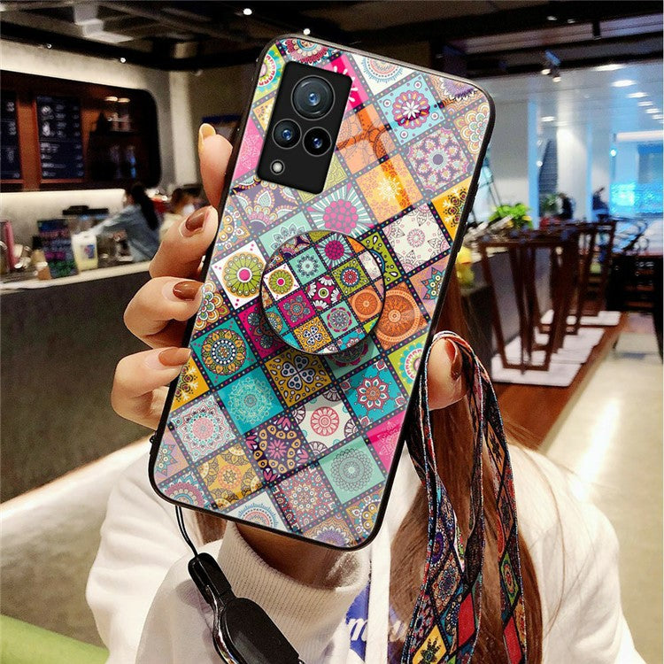 Hybrid Phone Case Colorful Printing Glass + PC + TPU Cover Shell with Kickstand Strap for vivo V21 5G - Checkered Pattern