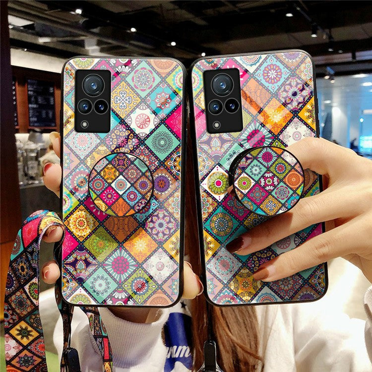 Hybrid Phone Case Colorful Printing Glass + PC + TPU Cover Shell with Kickstand Strap for vivo V21 5G - Checkered Pattern