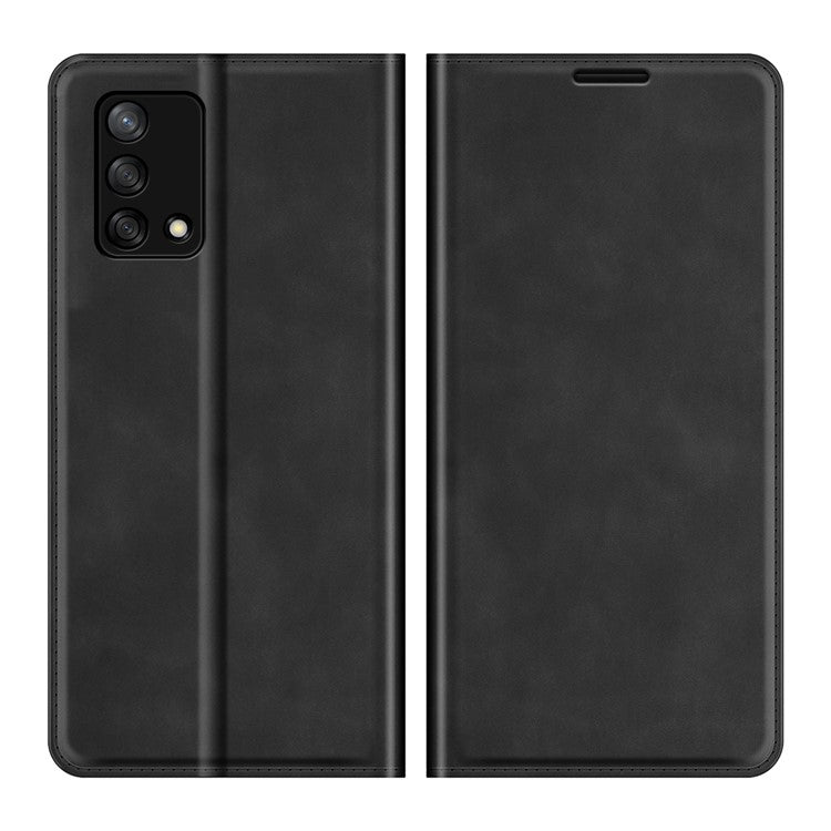 Skin-touch Leather Protective Cover Auto-Absorbed Case with Wallet Stand for Oppo F19/A74 4G - Black