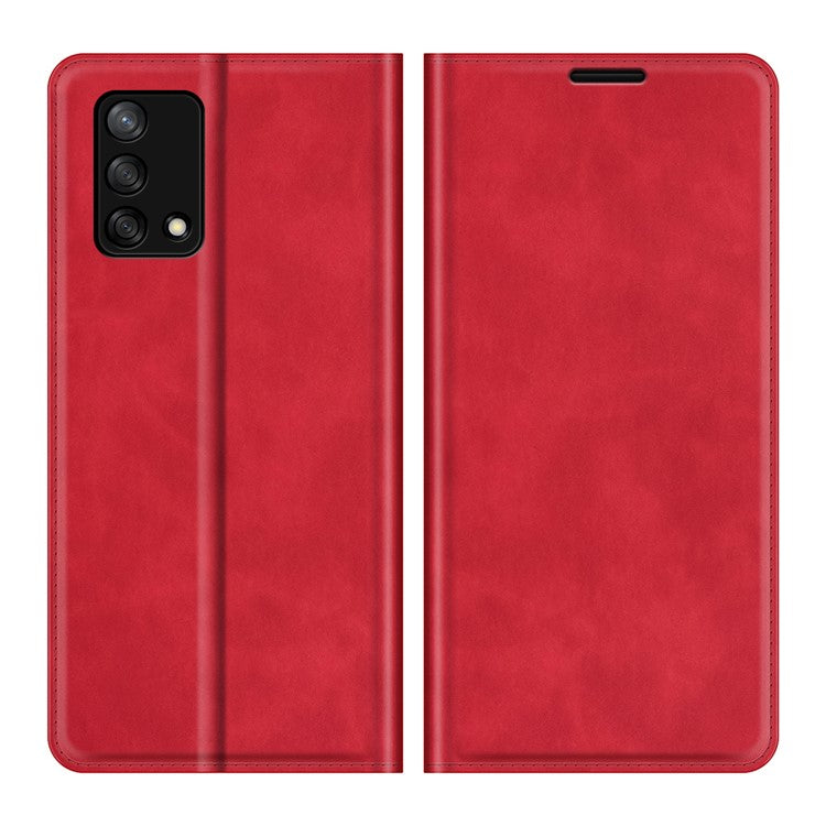 Skin-touch Leather Protective Cover Auto-Absorbed Case with Wallet Stand for Oppo F19/A74 4G - Red