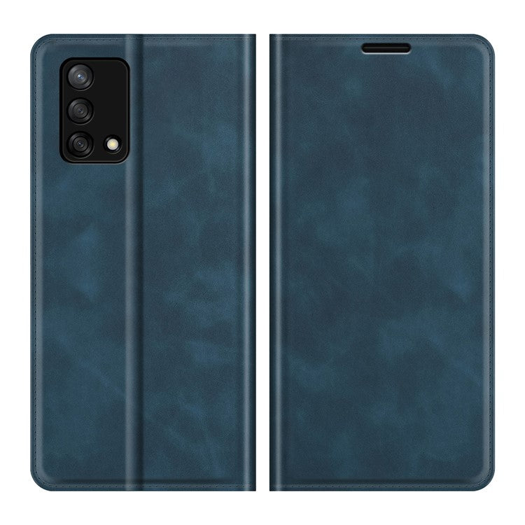 Skin-touch Leather Protective Cover Auto-Absorbed Case with Wallet Stand for Oppo F19/A74 4G - Blue