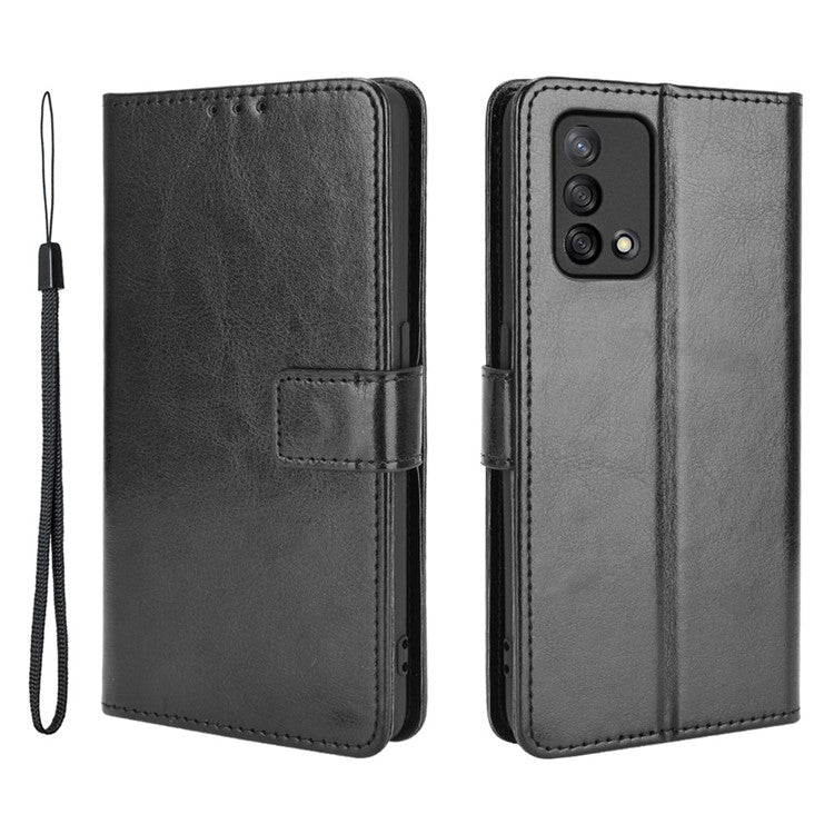 Wallet Design Crazy Horse Skin Leather Stand Shell with Strap for Oppo A74 4G / F19 - Black