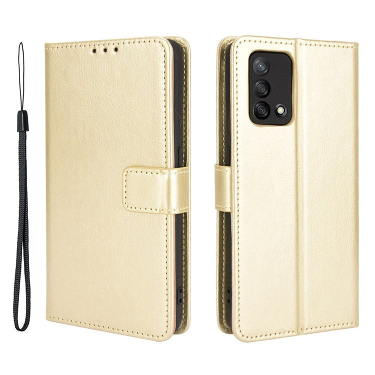 Wallet Design Crazy Horse Skin Leather Stand Shell with Strap for Oppo A74 4G / F19 - Gold