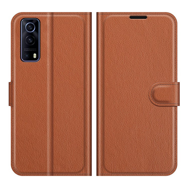 Litchi Skin Phone Case Folio Flip Leather Phone Cover with Stand for vivo iQOO Z3/Y72 5G - Brown