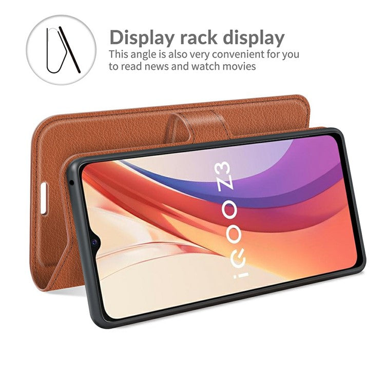 Litchi Skin Phone Case Folio Flip Leather Phone Cover with Stand for vivo iQOO Z3/Y72 5G - Brown