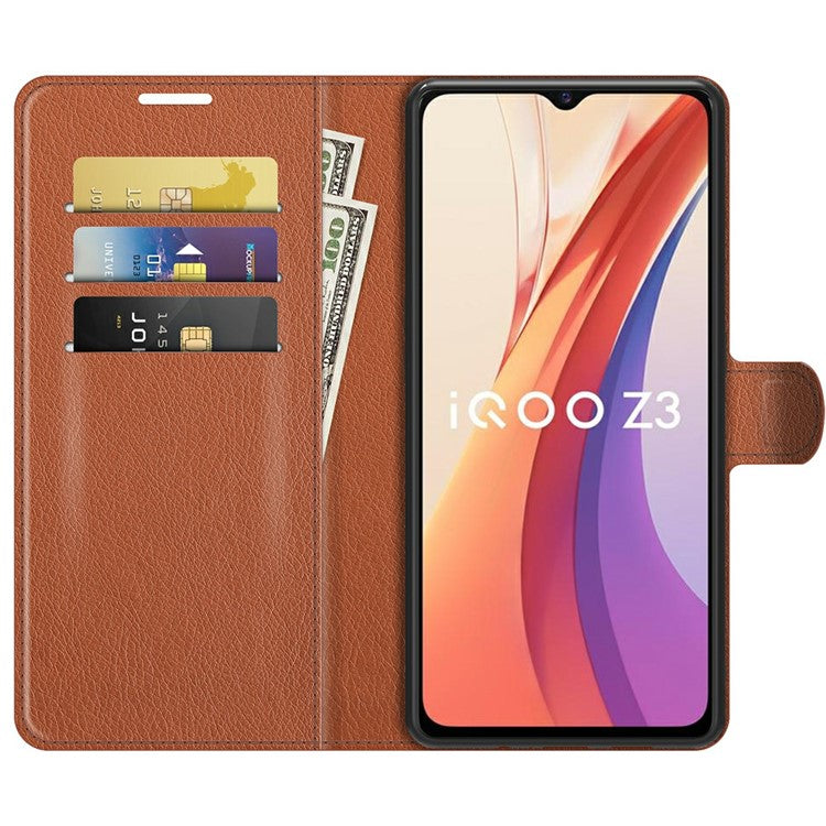 Litchi Skin Phone Case Folio Flip Leather Phone Cover with Stand for vivo iQOO Z3/Y72 5G - Brown