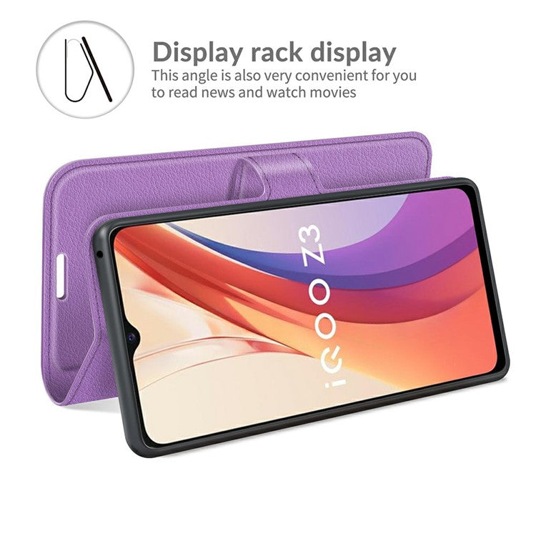 Litchi Skin Phone Case Folio Flip Leather Phone Cover with Stand for vivo iQOO Z3/Y72 5G - Purple