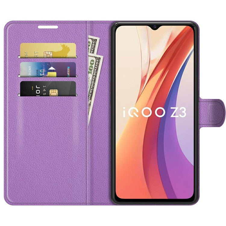 Litchi Skin Phone Case Folio Flip Leather Phone Cover with Stand for vivo iQOO Z3/Y72 5G - Purple