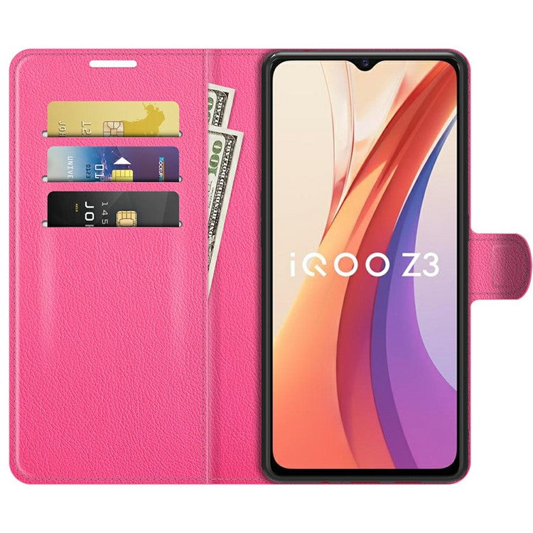 Litchi Skin Phone Case Folio Flip Leather Phone Cover with Stand for vivo iQOO Z3/Y72 5G - Rose