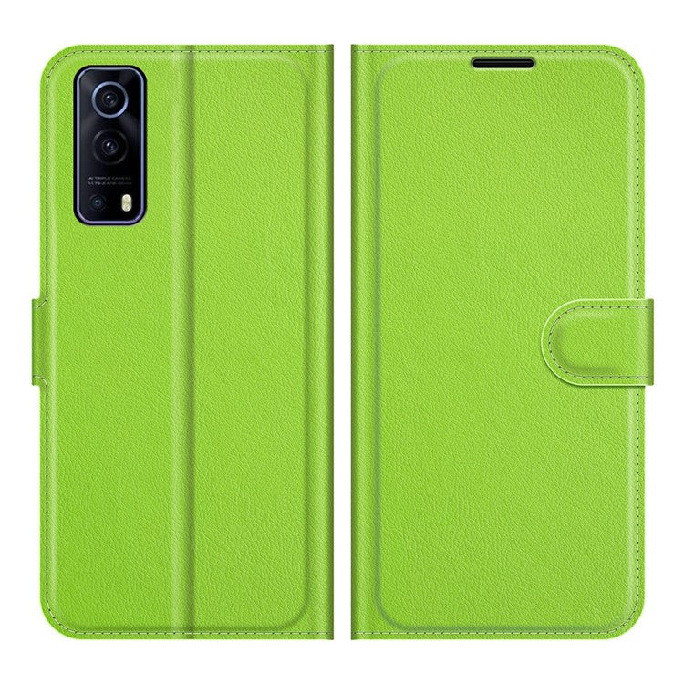 Litchi Skin Phone Case Folio Flip Leather Phone Cover with Stand for vivo iQOO Z3/Y72 5G - Green