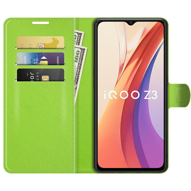 Litchi Skin Phone Case Folio Flip Leather Phone Cover with Stand for vivo iQOO Z3/Y72 5G - Green