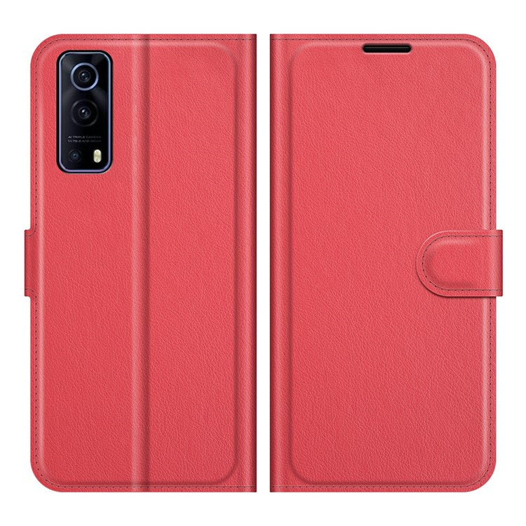 Litchi Skin Phone Case Folio Flip Leather Phone Cover with Stand for vivo iQOO Z3/Y72 5G - Red