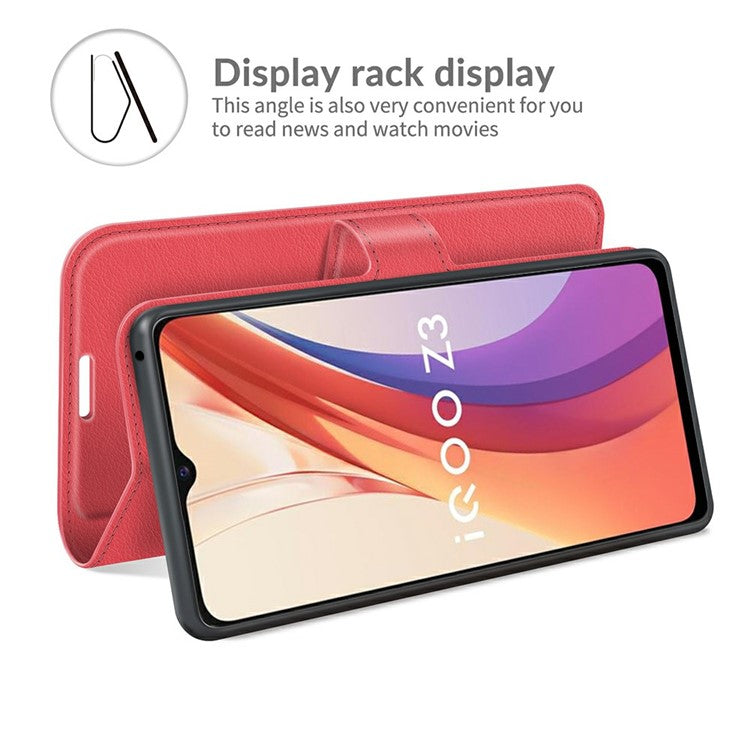 Litchi Skin Phone Case Folio Flip Leather Phone Cover with Stand for vivo iQOO Z3/Y72 5G - Red