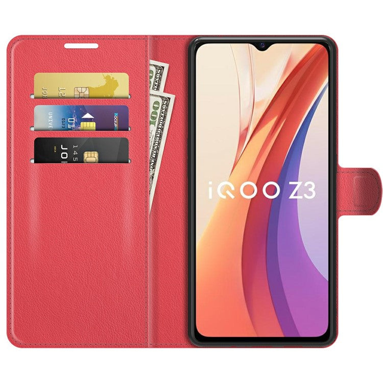 Litchi Skin Phone Case Folio Flip Leather Phone Cover with Stand for vivo iQOO Z3/Y72 5G - Red