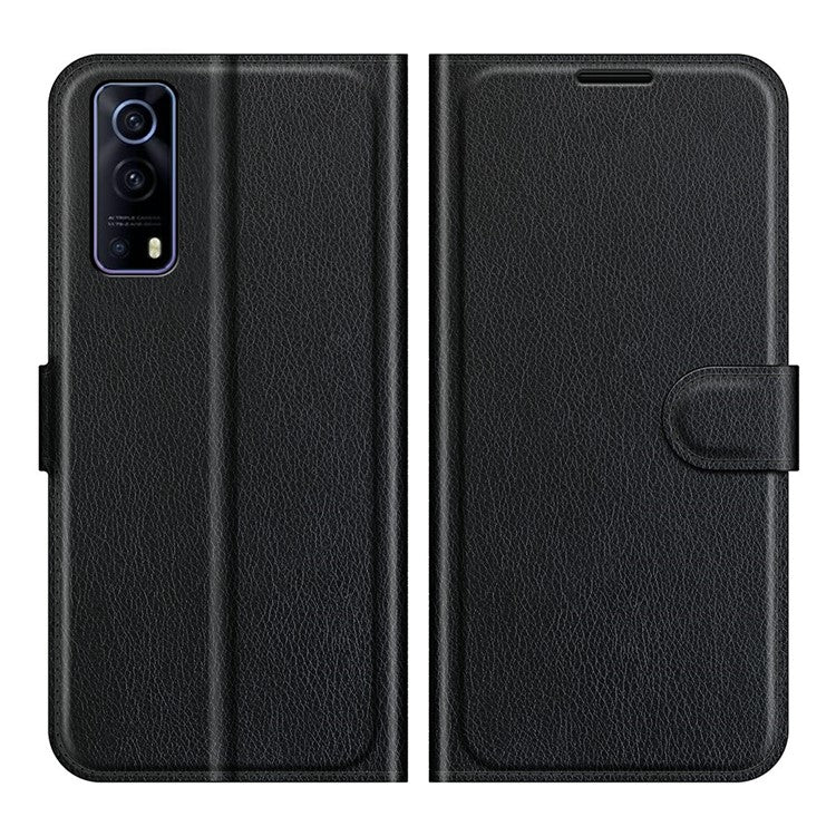 Litchi Skin Phone Case Folio Flip Leather Phone Cover with Stand for vivo iQOO Z3/Y72 5G - Black