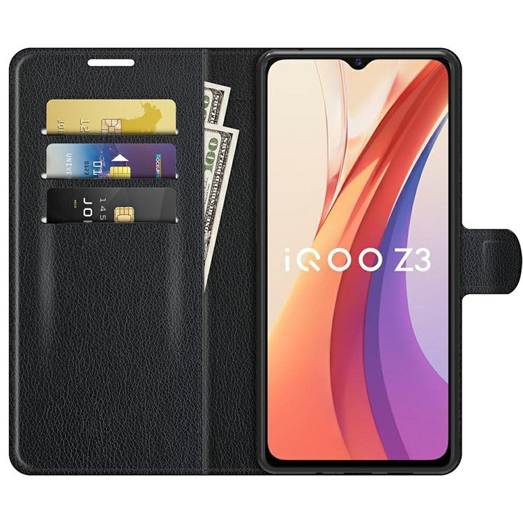 Litchi Skin Phone Case Folio Flip Leather Phone Cover with Stand for vivo iQOO Z3/Y72 5G - Black