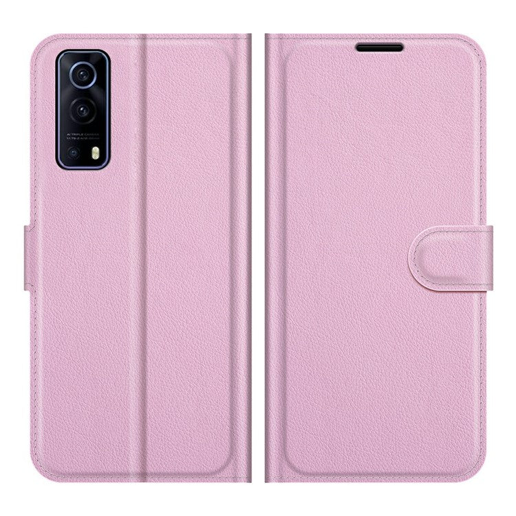 Litchi Skin Phone Case Folio Flip Leather Phone Cover with Stand for vivo iQOO Z3/Y72 5G - Pink