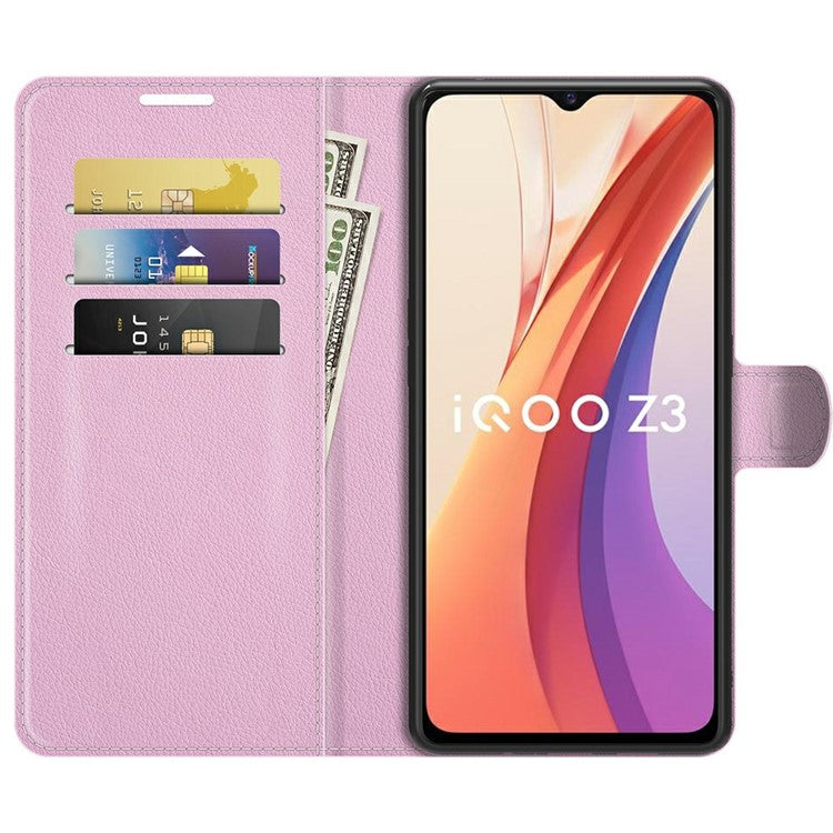 Litchi Skin Phone Case Folio Flip Leather Phone Cover with Stand for vivo iQOO Z3/Y72 5G - Pink