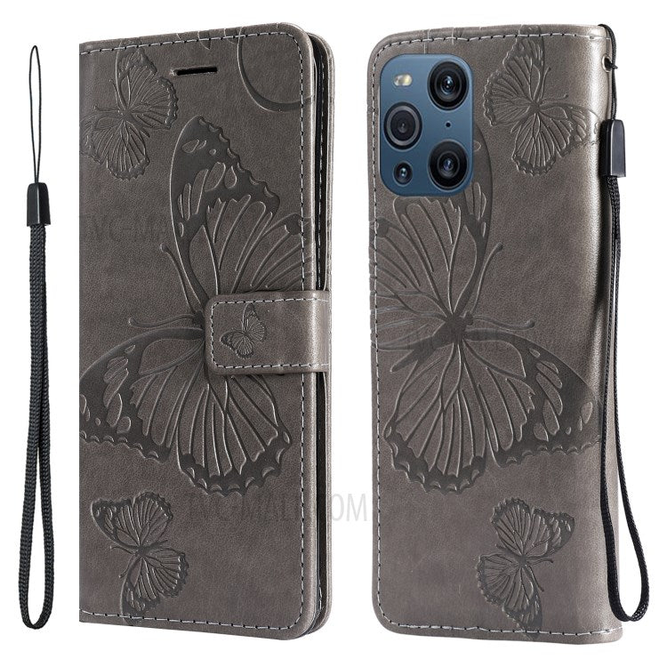 KT Imprinting Flower Series-2 Wallet Stand Leather Butterflies Pattern Phone Covering Case for Oppo Find X3 Pro / Find X3 - Grey