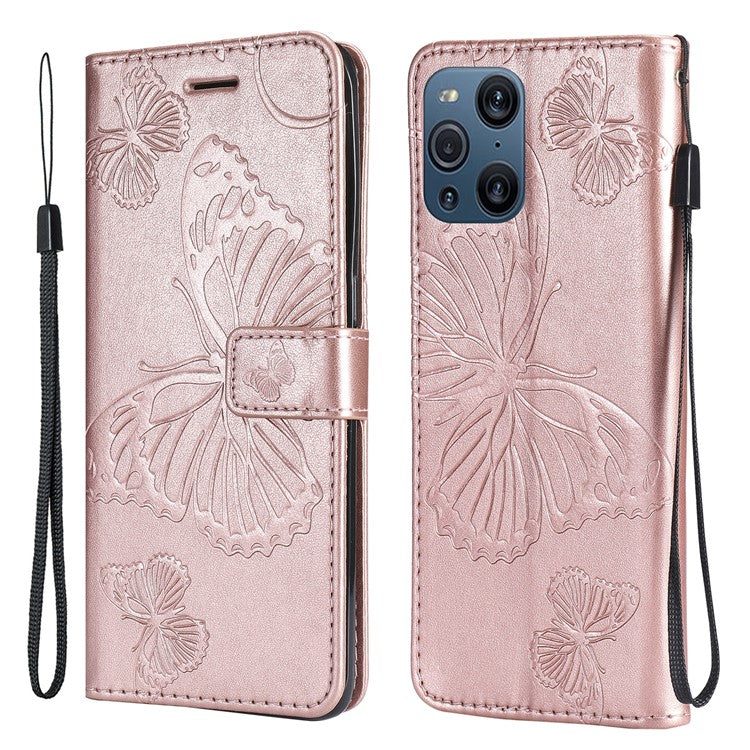 KT Imprinting Flower Series-2 Wallet Stand Leather Butterflies Pattern Phone Covering Case for Oppo Find X3 Pro / Find X3 - Rose Gold