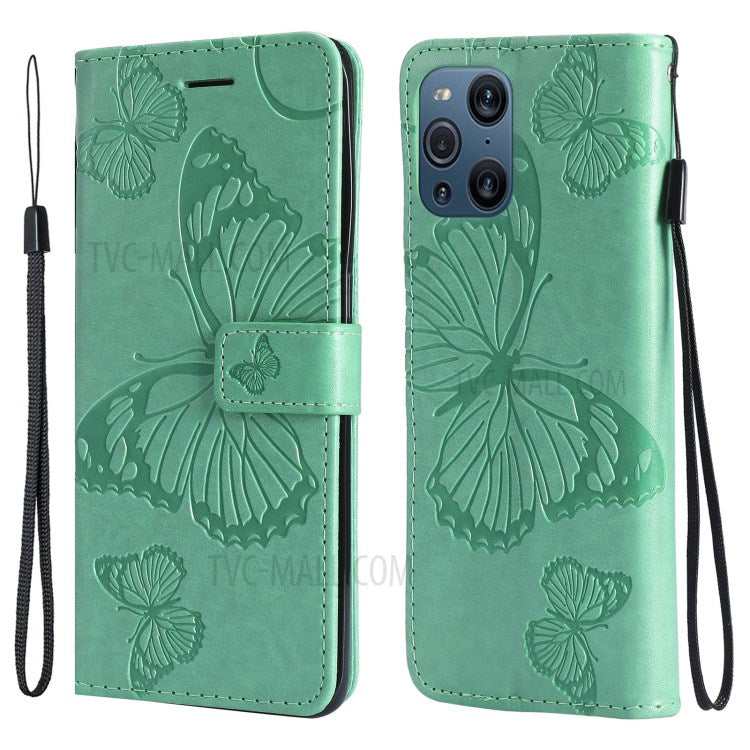 KT Imprinting Flower Series-2 Wallet Stand Leather Butterflies Pattern Phone Covering Case for Oppo Find X3 Pro / Find X3 - Green