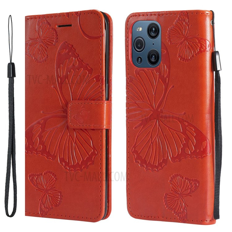 KT Imprinting Flower Series-2 Wallet Stand Leather Butterflies Pattern Phone Covering Case for Oppo Find X3 Pro / Find X3 - Orange