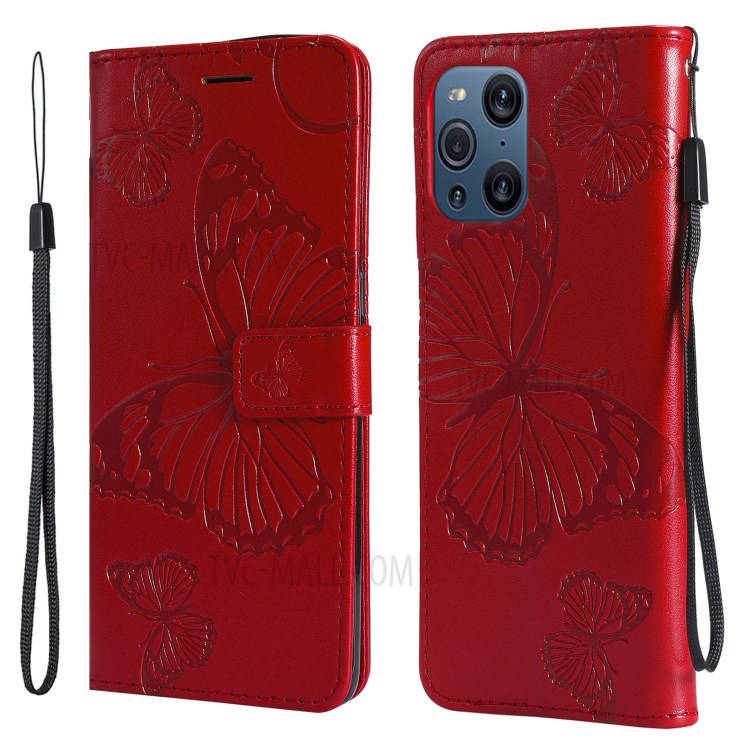 KT Imprinting Flower Series-2 Wallet Stand Leather Butterflies Pattern Phone Covering Case for Oppo Find X3 Pro / Find X3 - Red