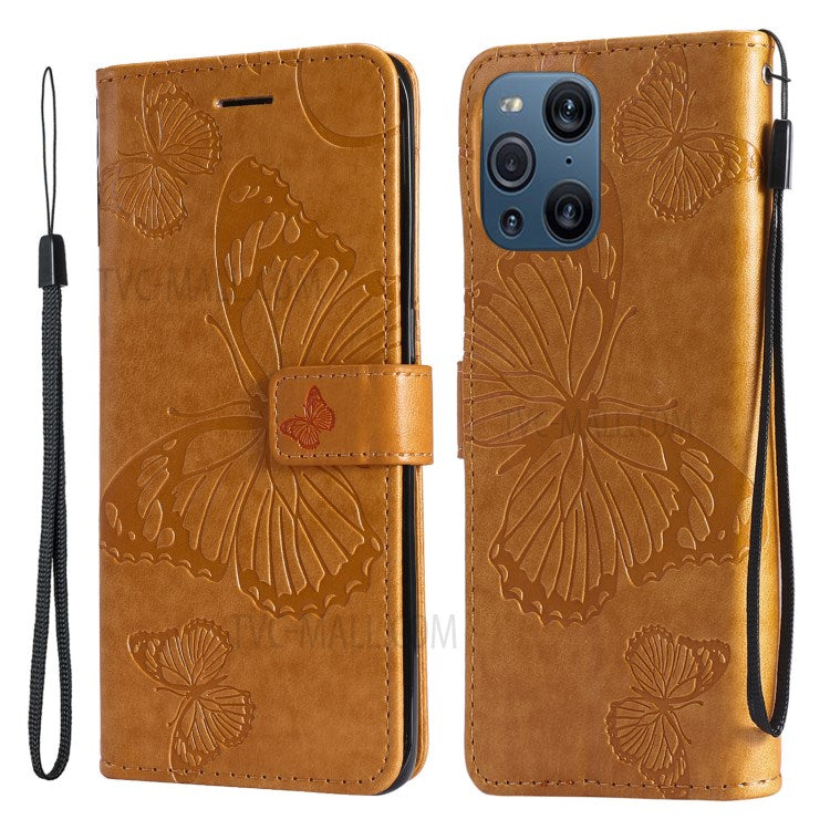 KT Imprinting Flower Series-2 Wallet Stand Leather Butterflies Pattern Phone Covering Case for Oppo Find X3 Pro / Find X3 - Yellow