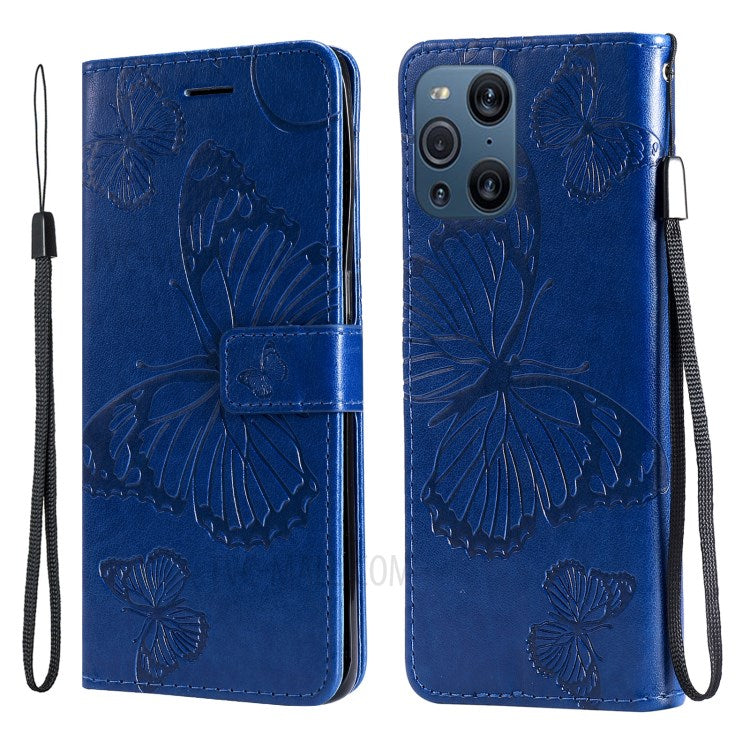 KT Imprinting Flower Series-2 Wallet Stand Leather Butterflies Pattern Phone Covering Case for Oppo Find X3 Pro / Find X3 - Blue