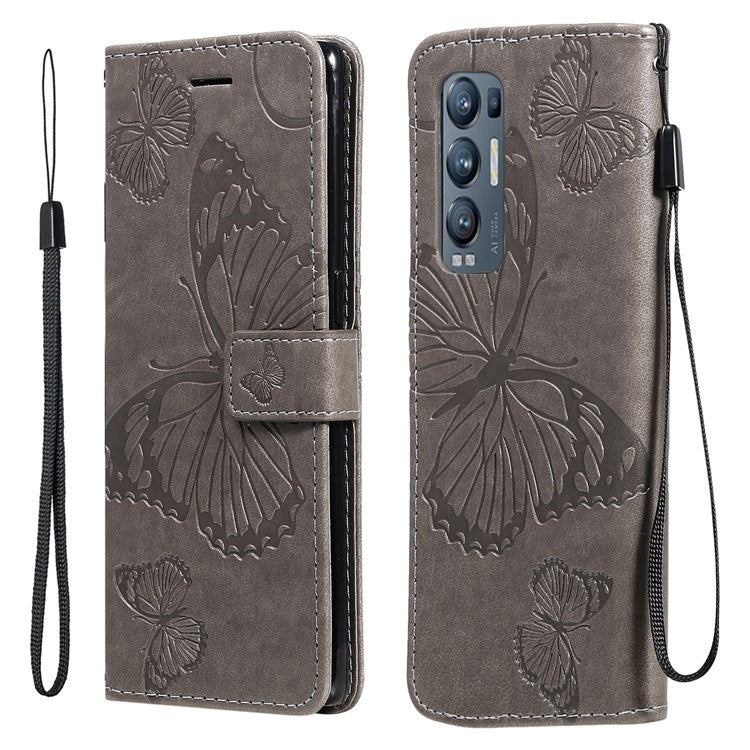 KT Imprinting Flower Series-2 Imprint Butterfly Leather Wallet Stand Case Shell for OPPO Find X3 Neo/Reno5 Pro Plus 5G - Grey