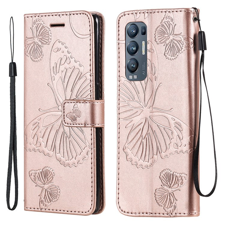 KT Imprinting Flower Series-2 Imprint Butterfly Leather Wallet Stand Case Shell for OPPO Find X3 Neo/Reno5 Pro Plus 5G - Rose Gold