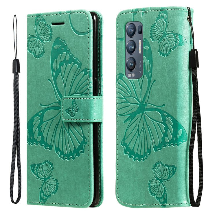 KT Imprinting Flower Series-2 Imprint Butterfly Leather Wallet Stand Case Shell for OPPO Find X3 Neo/Reno5 Pro Plus 5G - Green