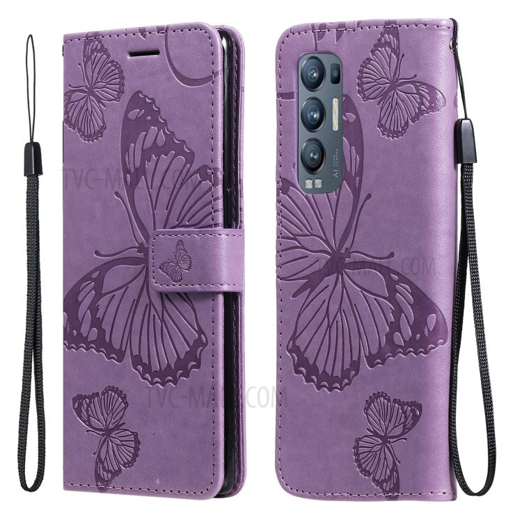 KT Imprinting Flower Series-2 Imprint Butterfly Leather Wallet Stand Case Shell for OPPO Find X3 Neo/Reno5 Pro Plus 5G - Purple