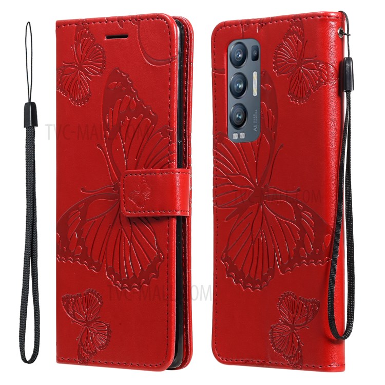 KT Imprinting Flower Series-2 Imprint Butterfly Leather Wallet Stand Case Shell for OPPO Find X3 Neo/Reno5 Pro Plus 5G - Red