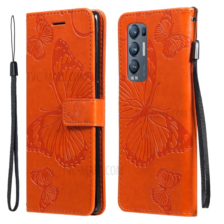 KT Imprinting Flower Series-2 Imprint Butterfly Leather Wallet Stand Case Shell for OPPO Find X3 Neo/Reno5 Pro Plus 5G - Orange