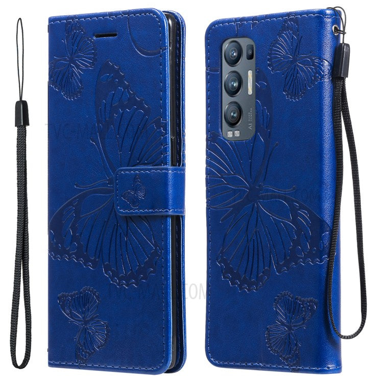 KT Imprinting Flower Series-2 Imprint Butterfly Leather Wallet Stand Case Shell for OPPO Find X3 Neo/Reno5 Pro Plus 5G - Blue