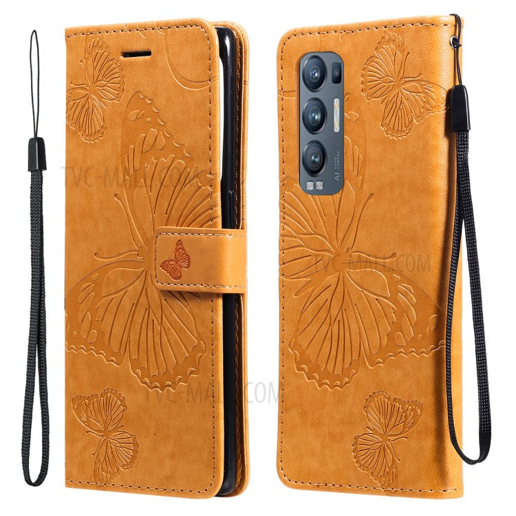 KT Imprinting Flower Series-2 Imprint Butterfly Leather Wallet Stand Case Shell for OPPO Find X3 Neo/Reno5 Pro Plus 5G - Brown