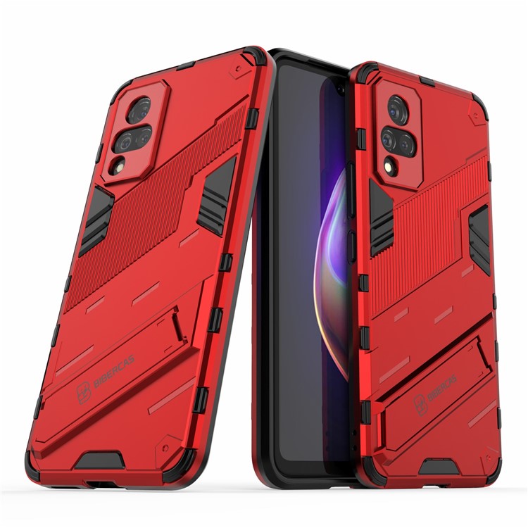 PC + TPU Hybrid Phone Case Anti-Drop Cover with Kickstand Design for vivo V21 4G / 5G - Red