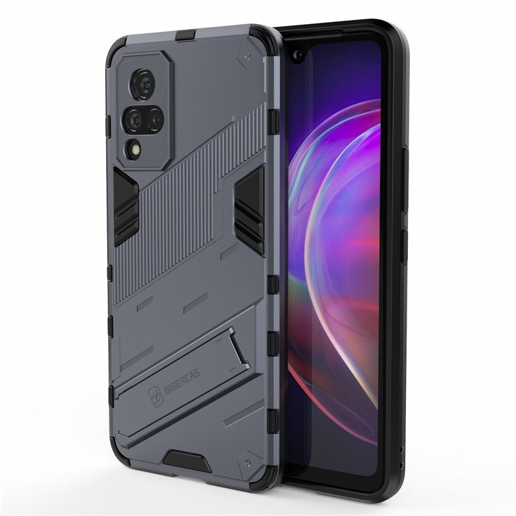 PC + TPU Hybrid Phone Case Anti-Drop Cover with Kickstand Design for vivo V21 4G / 5G - Dark Blue