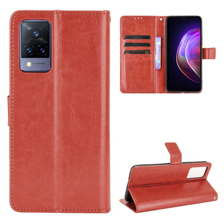 Crazy Horse Texture Leather Case for vivo V21 5G / 4G Protective Wallet Stand Casing - Brown