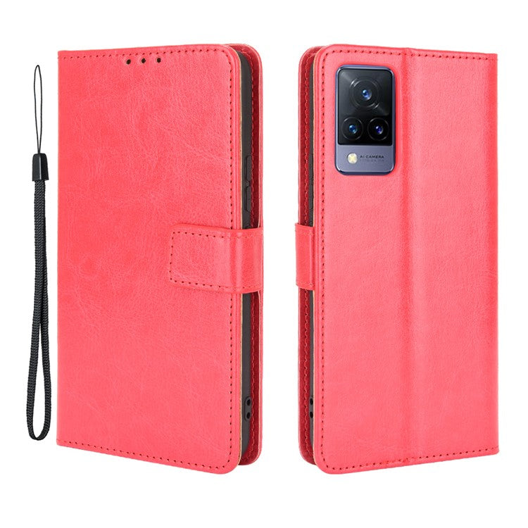 Crazy Horse Texture Leather Case for vivo V21 5G / 4G Protective Wallet Stand Casing - Red