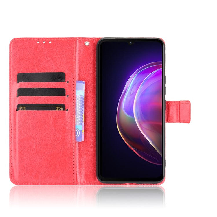 Crazy Horse Texture Leather Case for vivo V21 5G / 4G Protective Wallet Stand Casing - Red